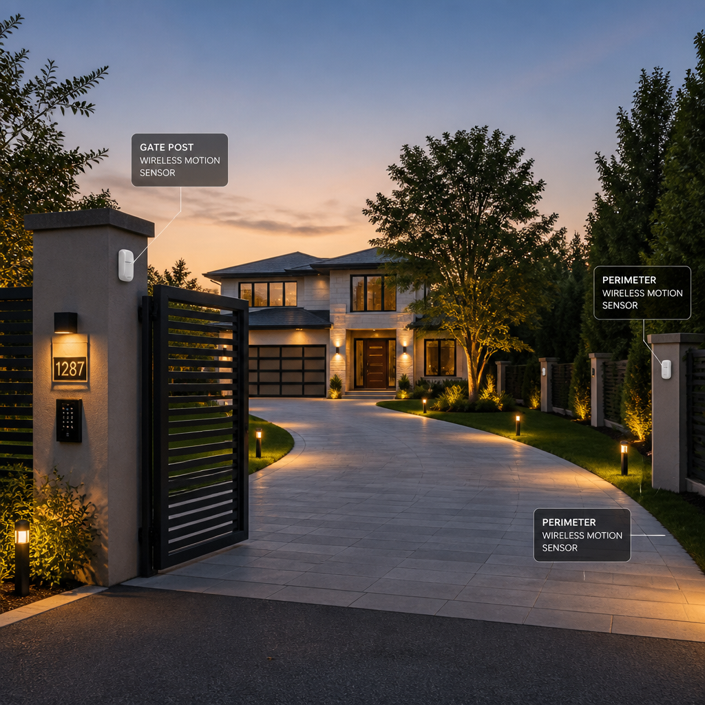 Residential driveway entrance with strategically positioned wireless sensor placement at gate and perimeter
