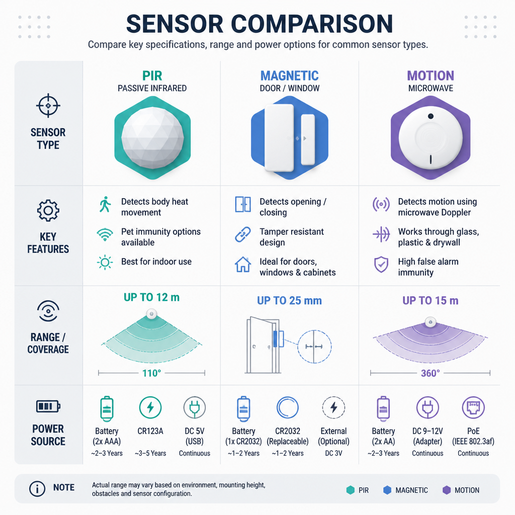 Comparison chart of driveway sensor types with specifications and technical features illustrated as icons and diagrams