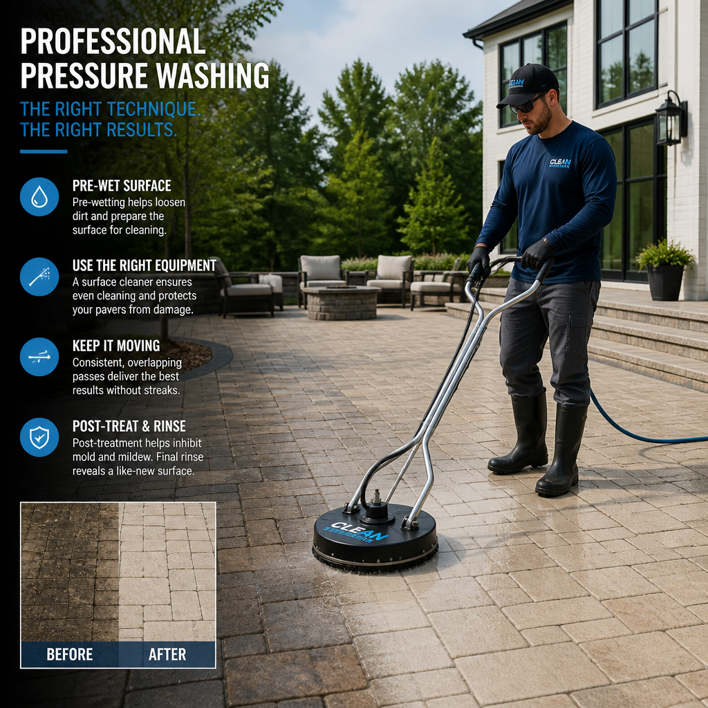 Professional technician using pressure washing equipment on a stone patio