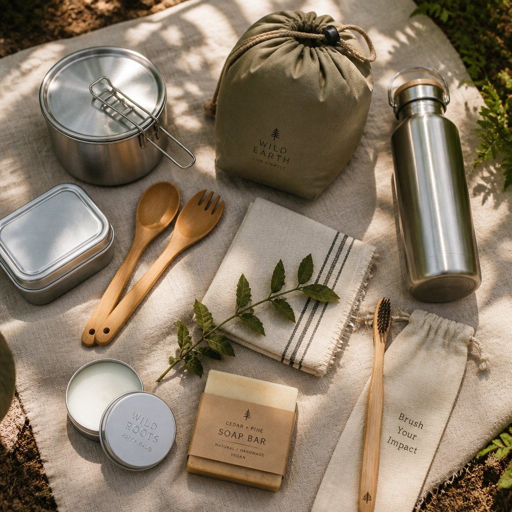 Flat lay of zero waste camping essentials including reusable containers, natural materials, and sustainable gear