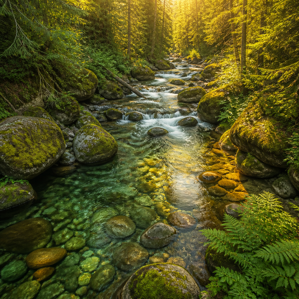 Pristine mountain stream with clear water surrounded by evergreen forest and natural landscape