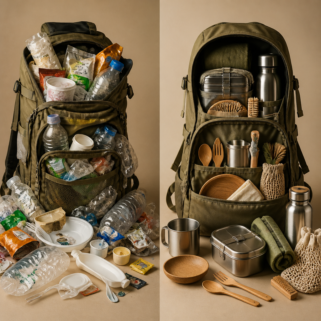 Visual contrast between disposable camping waste and organized reusable zero waste gear setup