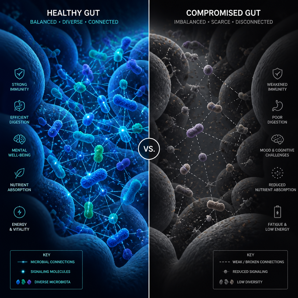 Abstract visualization comparing healthy and compromised microbiome function