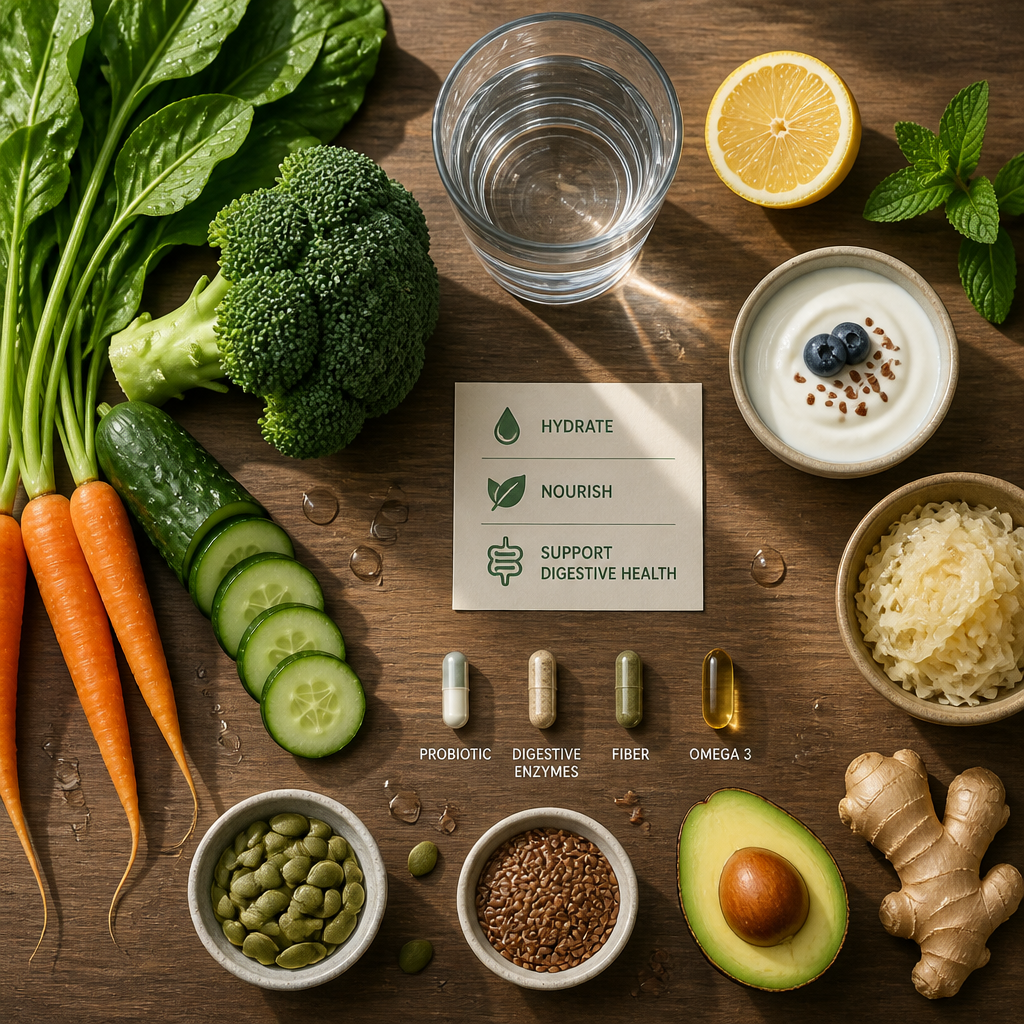 Arrangement of nutritious foods and supplements with water emphasizing digestive wellness