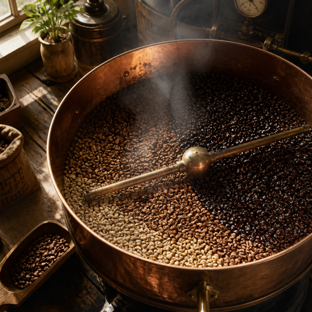 Freshly roasted coffee beans in traditional roasting drum with steam
