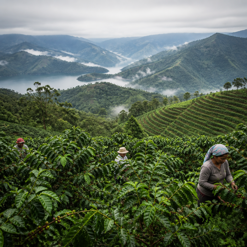 Coffee plantation landscape with terraced crops and farmers in mountainous region