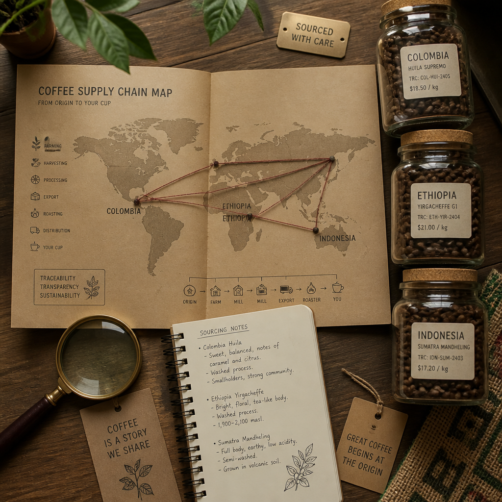 Flat lay of coffee sourcing map, labeled sample jars, and traceability documentation