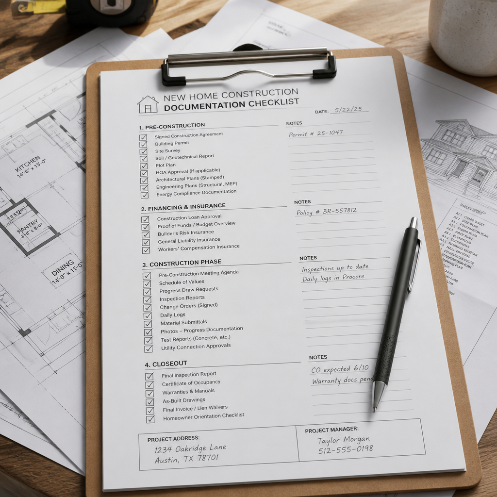 Inspection checklist and architectural blueprints on desk with natural lighting