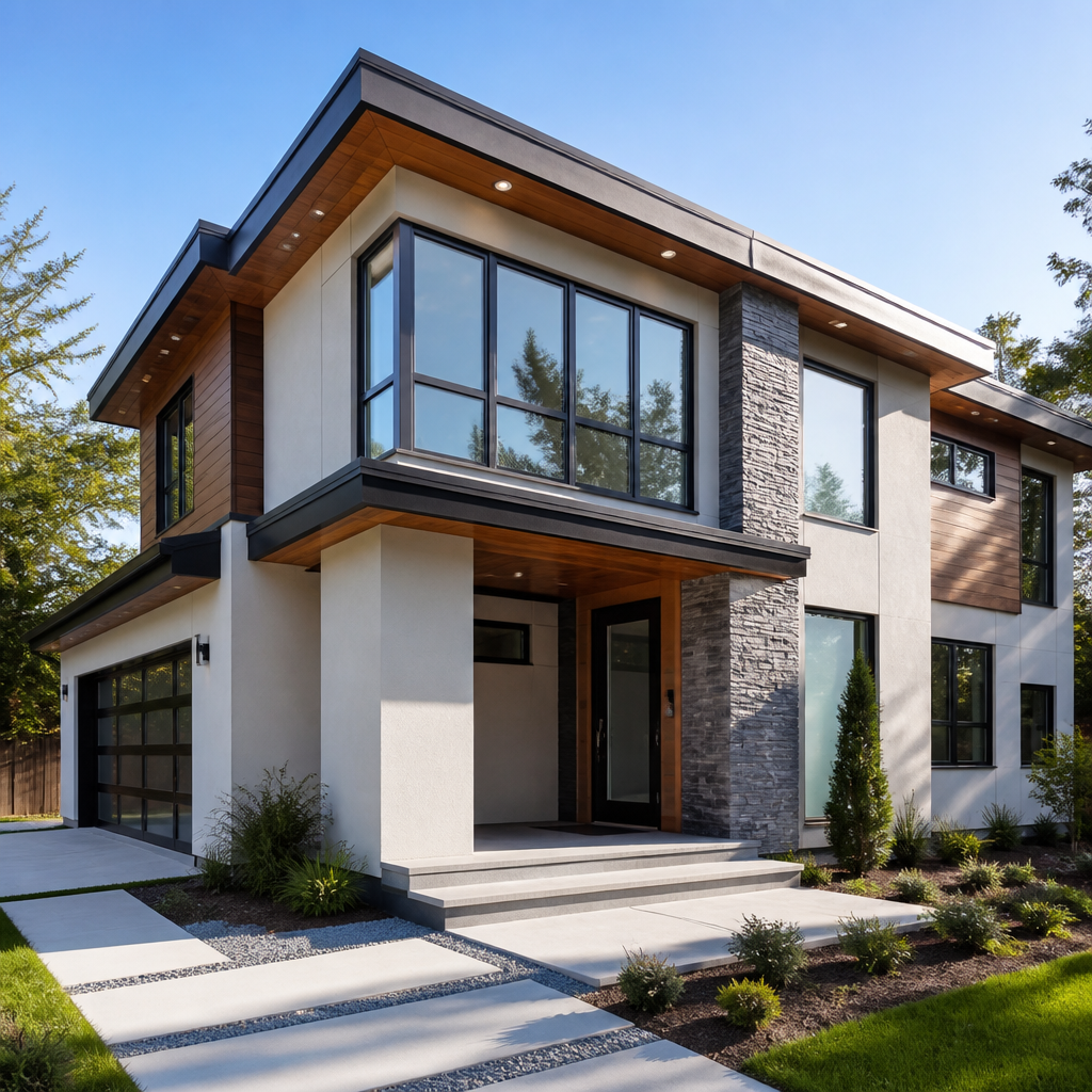 Newly completed residential building exterior showing finished construction details