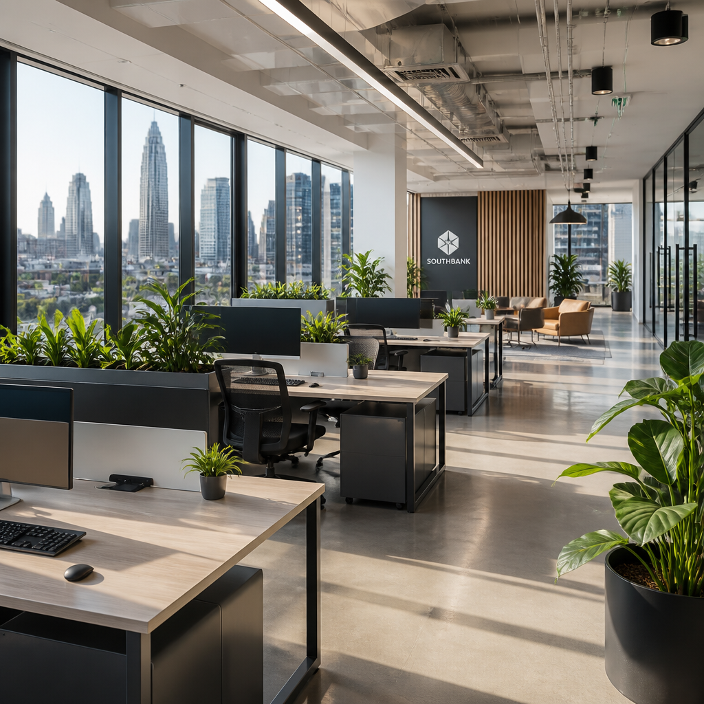 Bright, clean modern office space with organized desks, natural light, and green plants - tips for Office Cleaning Productivity