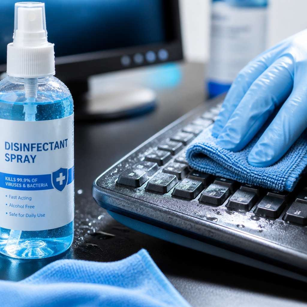Detailed view of a desk being sanitized with cleaning supplies and cloth - Office Cleaning Productivity boost