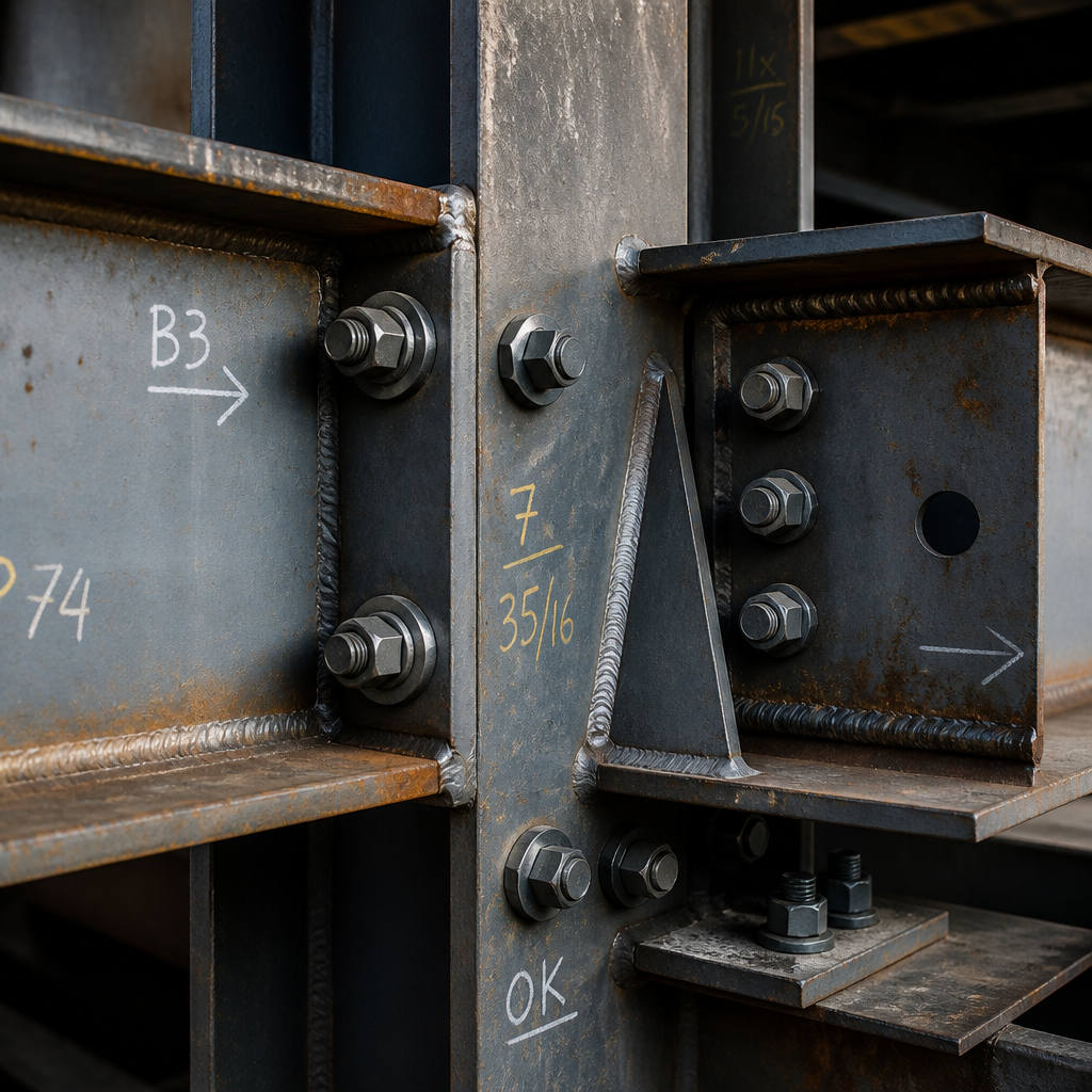 Détail en macro d'une jonction de poutre acier industrielle avec boulons et soudures visibles