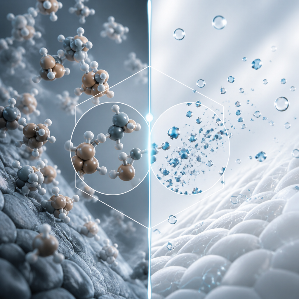 Abstract scientific visualization of odor molecules being eliminated at molecular level