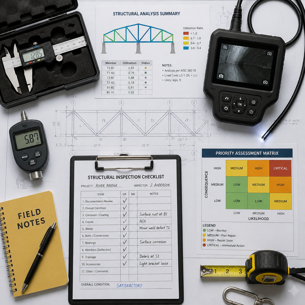 Composition à plat d'outils d'expertise et documents d'inspection bâtiment industriel sur plans techniques