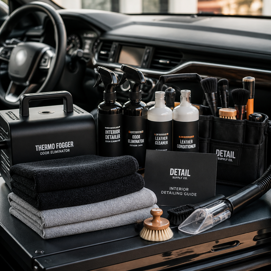Professional car detailing tools and odor elimination products arranged on a work surface