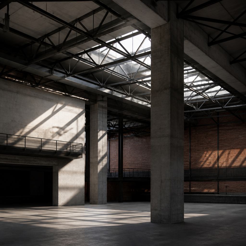 Intérieur d'entrepôt industriel montrant structure porteuse, poutres et piliers de soutien