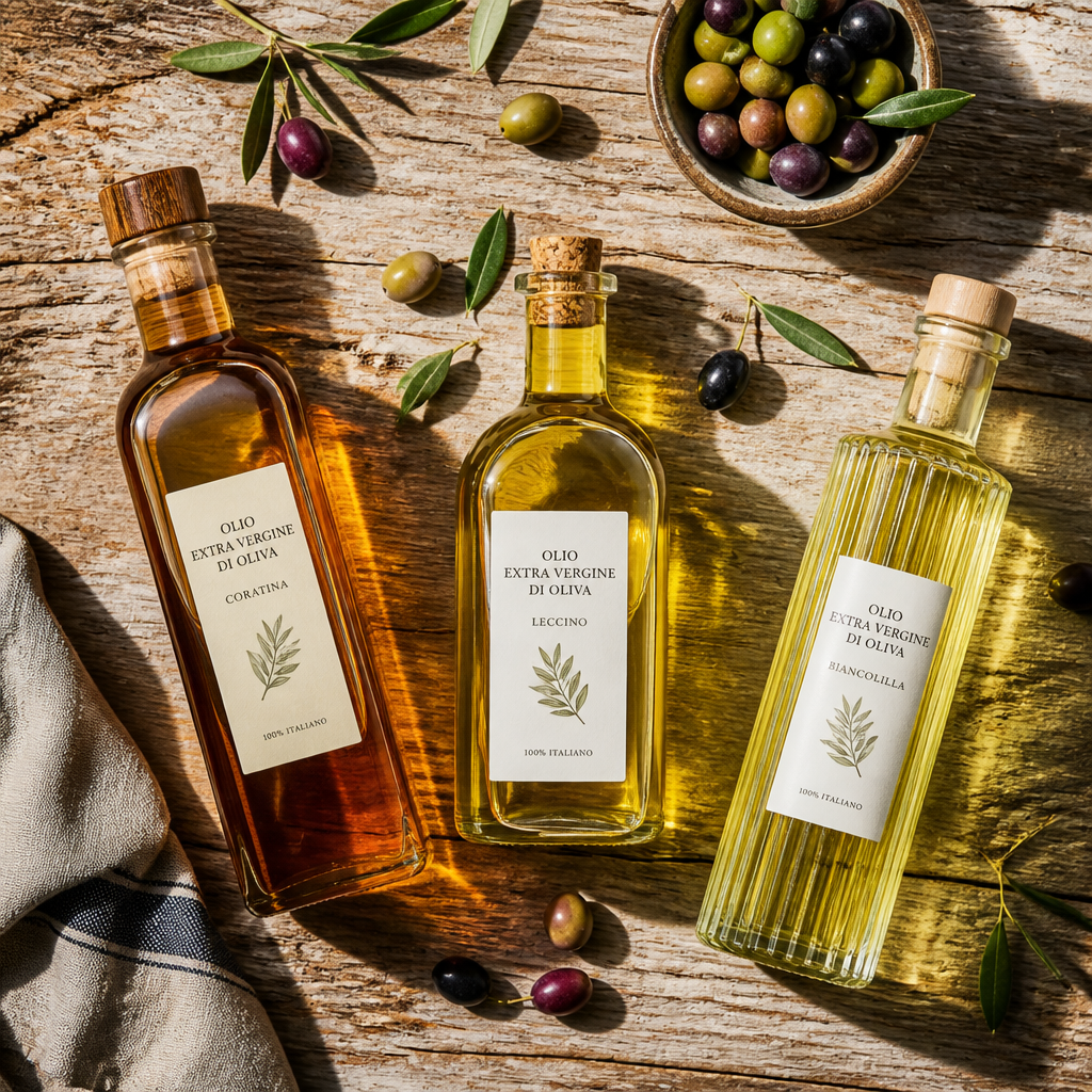 Tres botellas de aceite de oliva con distintos tonos de color dispuestas en madera rústica