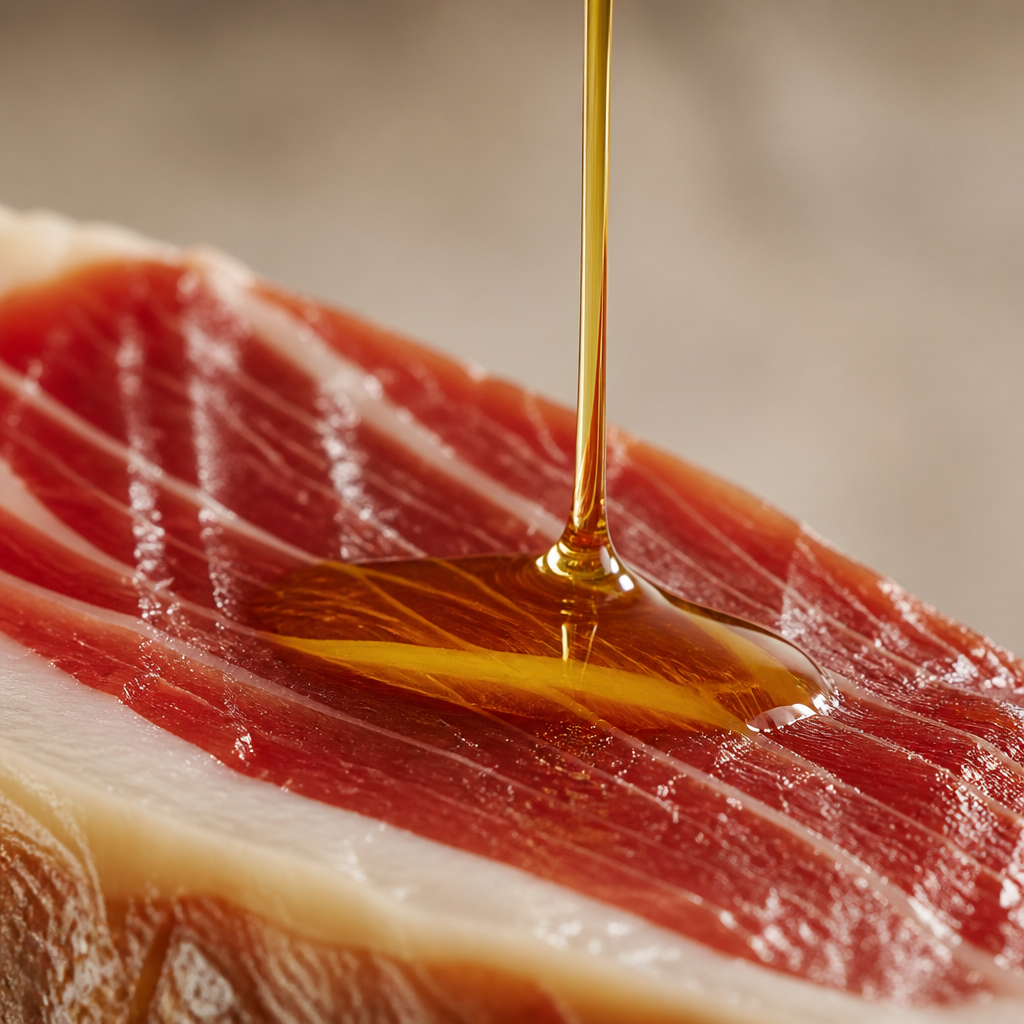 Aceite de oliva derramándose sobre jamón ibérico curado, detalle gastronómico