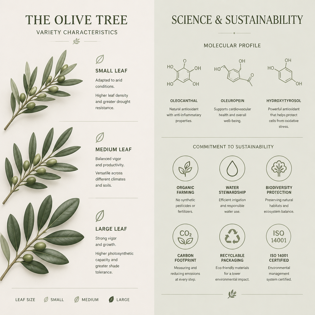 Comparativa visual abstracta de variedades de aceite de oliva con elementos de diseño minimalista