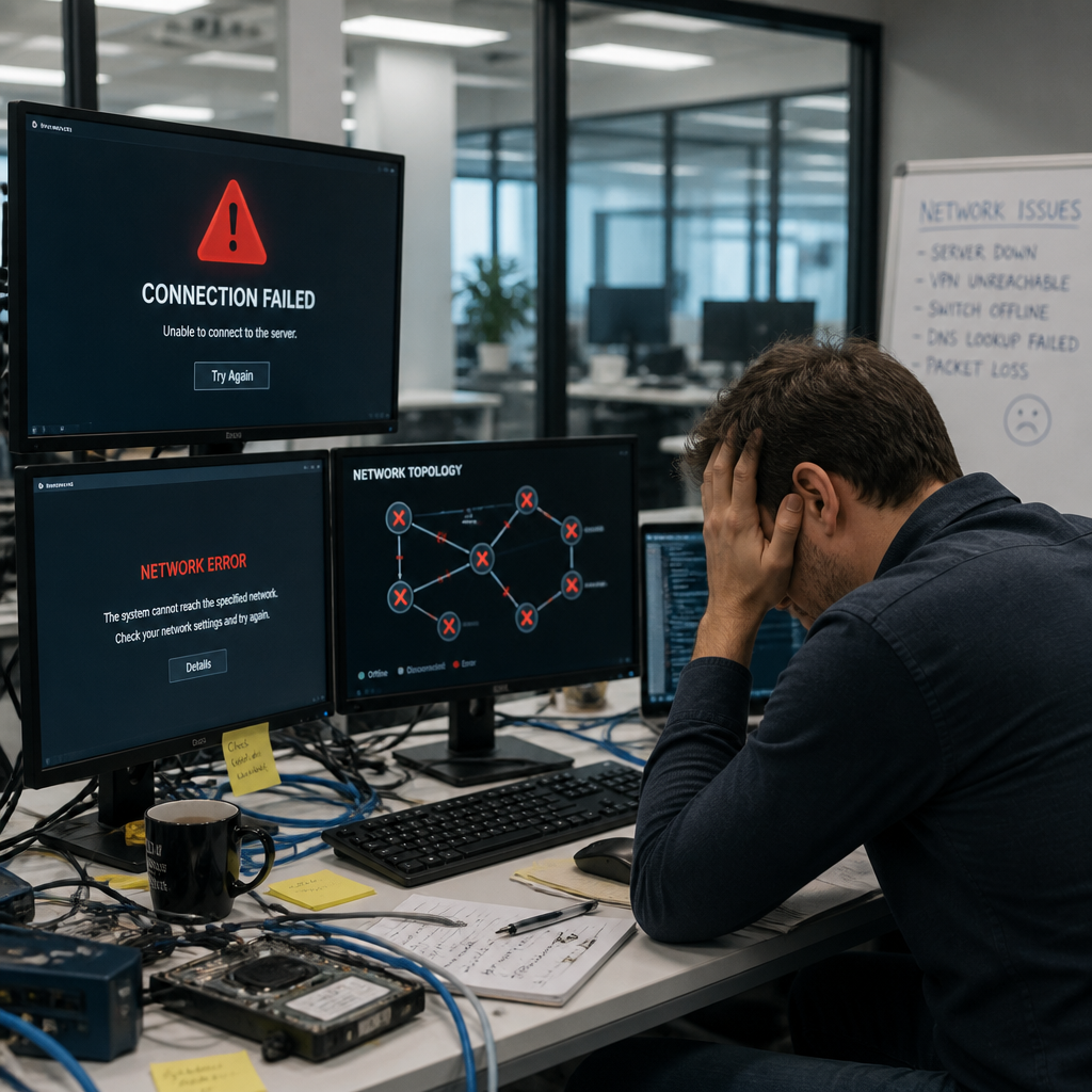 Kontormiljø med computerudstyr og fejlmeddelelser på skærme, der symboliserer IT-driftsproblemer