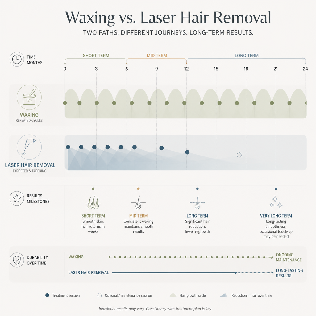 Timeline visualization comparing laser hair removal and waxing treatment schedules and long-term results