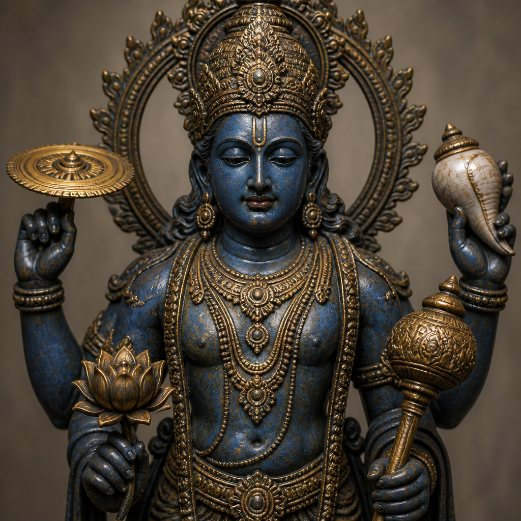 Statue de Vishnu en bronze ornée représentant quatre attributs divins : chakra, conque, lotus et masse dans chaque main