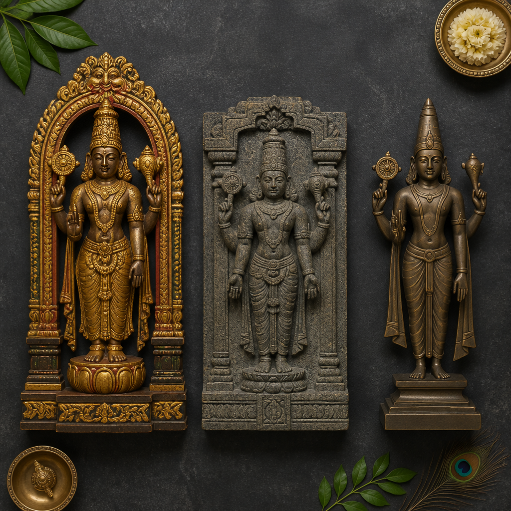 Trois variantes régionales des styles de sculpture de Vishnu : bois doré du Kerala, relief en pierre de Chola et bronze contemporain