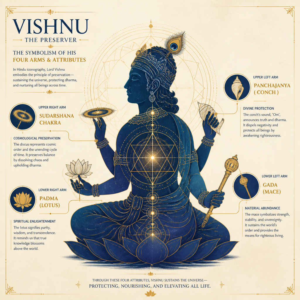 Diagramme iconographique cartographiant les quatre bras de Vishnu avec des significations théologiques et des attributs cosmiques