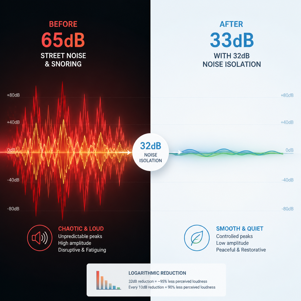 Split-screen sound wave visualization comparing full noise versus 32dB noise reduction