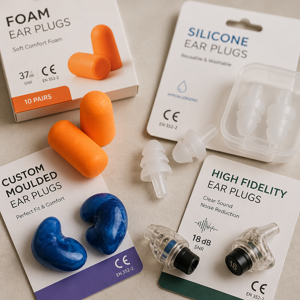 Assorted earplug types and styles displayed with packaging and certification labels