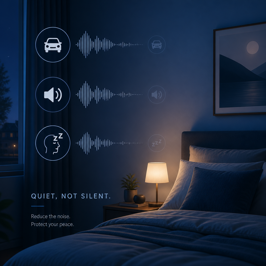 Tranquil bedroom scene with noise source icons fading into translucent forms representing noise reduction effect