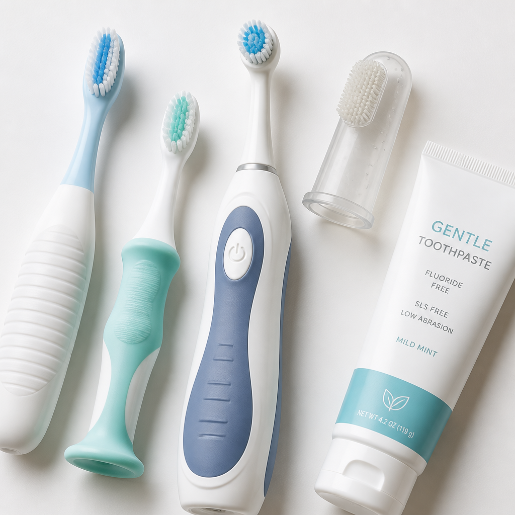 Adaptive oral care tools for stroke survivors including soft toothbrushes and specialized equipment