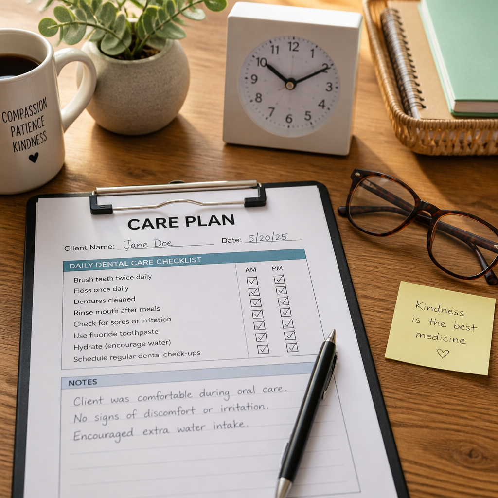Caregiver workspace with oral care documentation and daily care planning materials