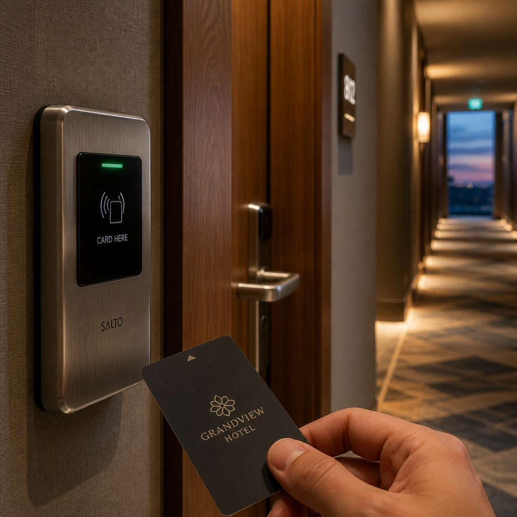 Modern hotel corridor with RFID card reader beside wooden door