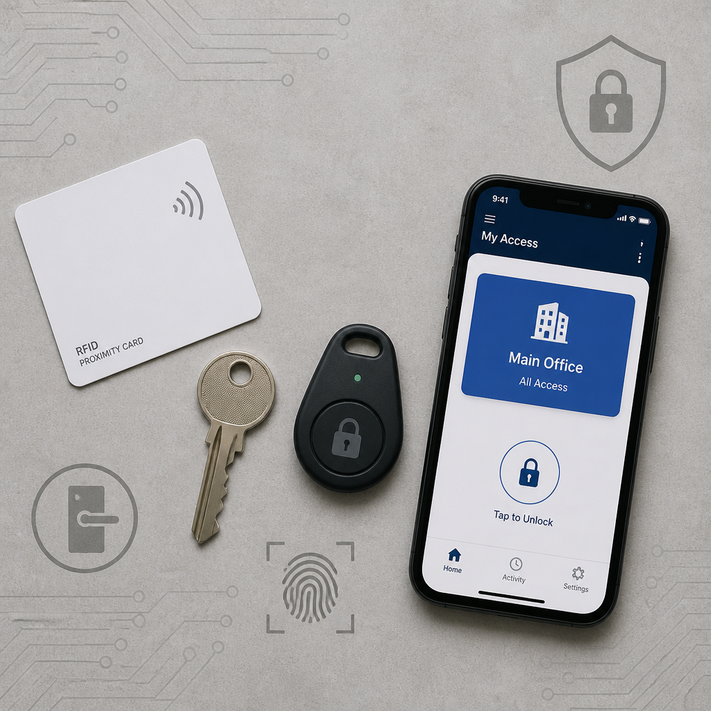 Flat-lay comparison of different door access methods including RFID card, key, fob, and mobile credential