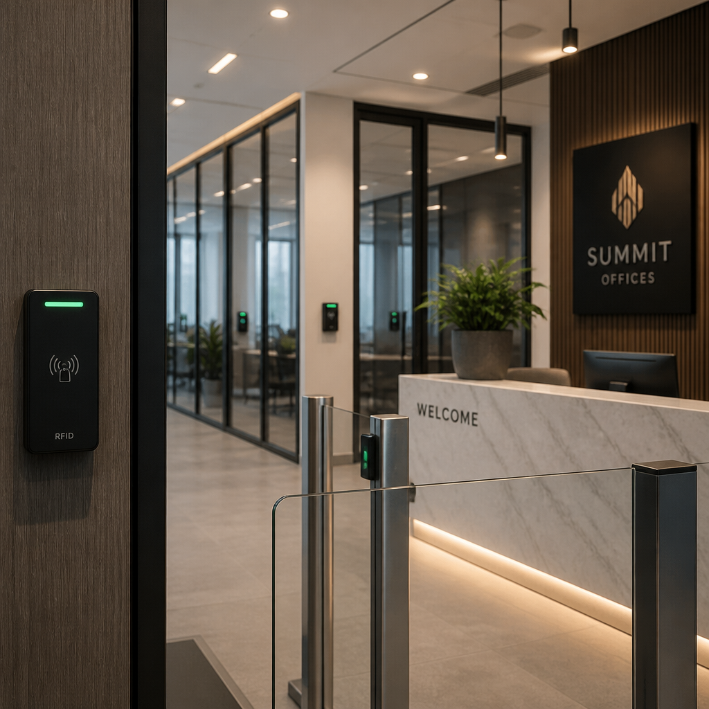 Contemporary office building interior showcasing integrated RFID access control systems