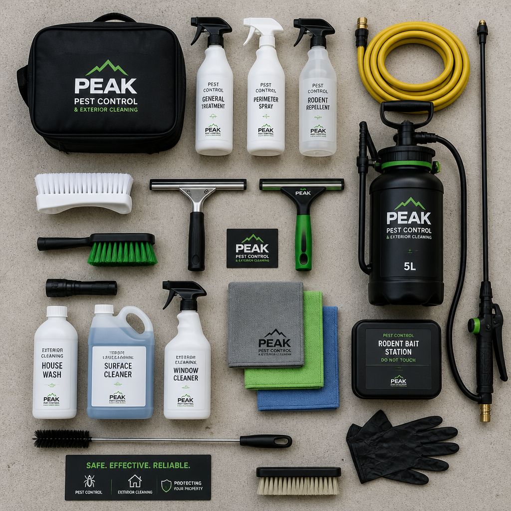 Pest control and window cleaning tools arranged in an organized flat-lay