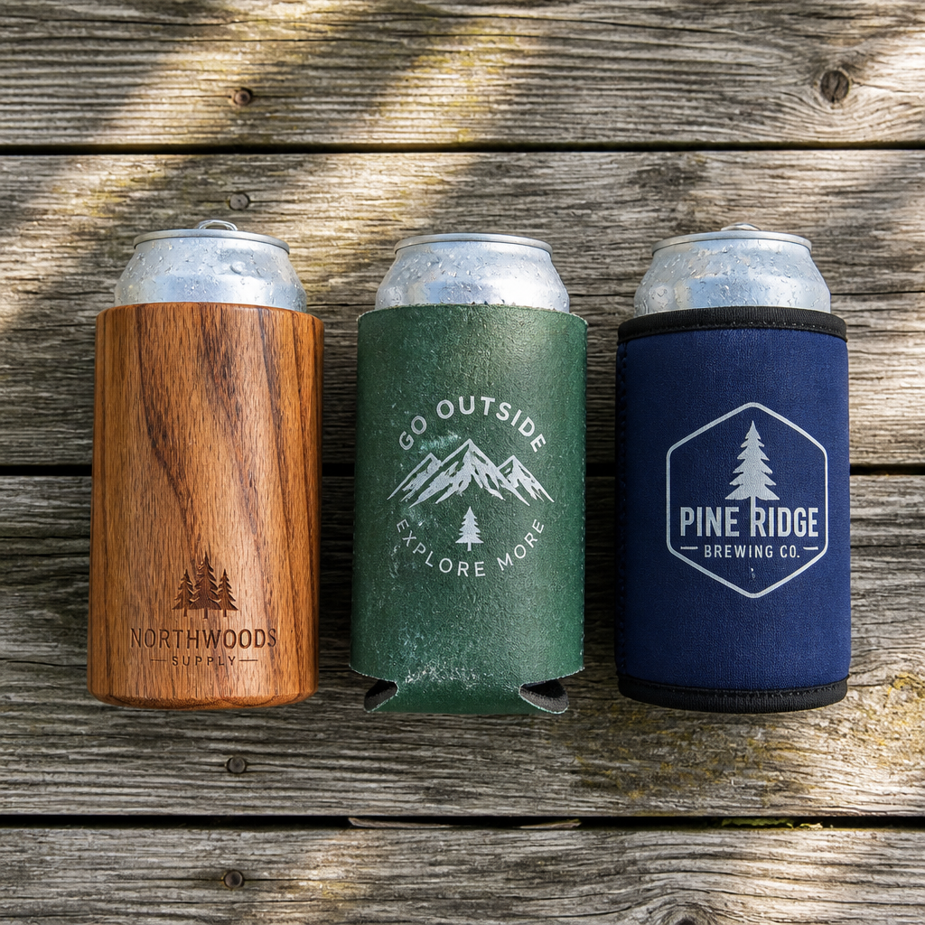 Three types of can coolers - hardwood, foam, and neoprene - displayed side by side on wood surface with water droplets