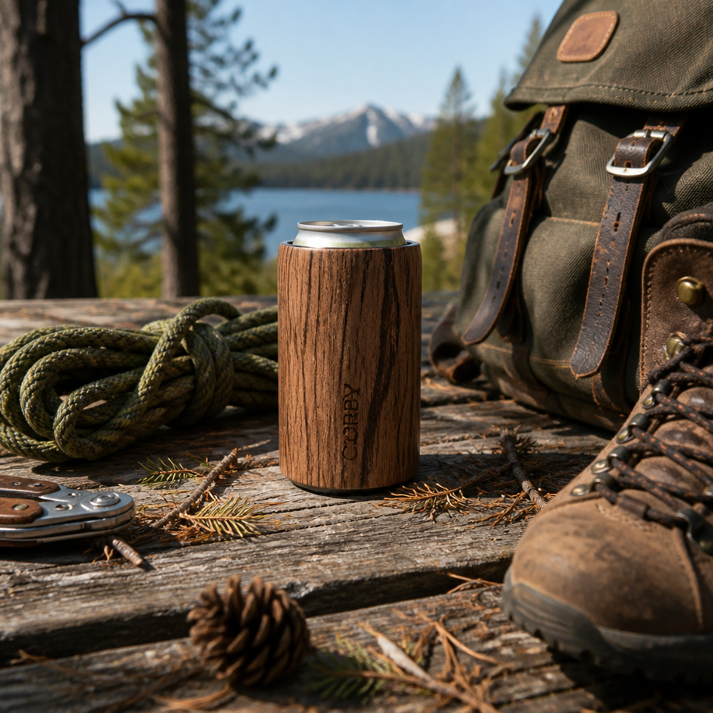 Hardwood can cooler displayed among camping and outdoor gear in natural setting