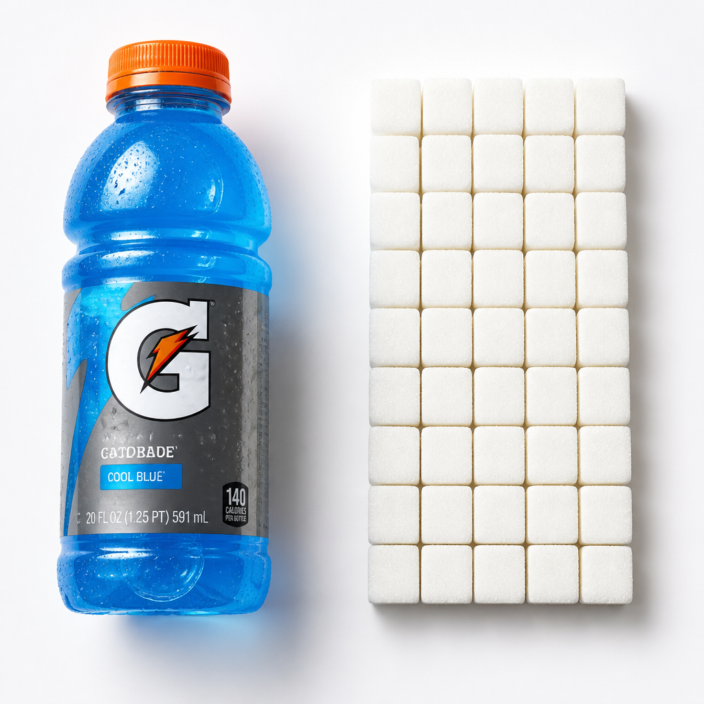 Sports drink bottle displayed beside stacked sugar cubes showing equivalent sugar content