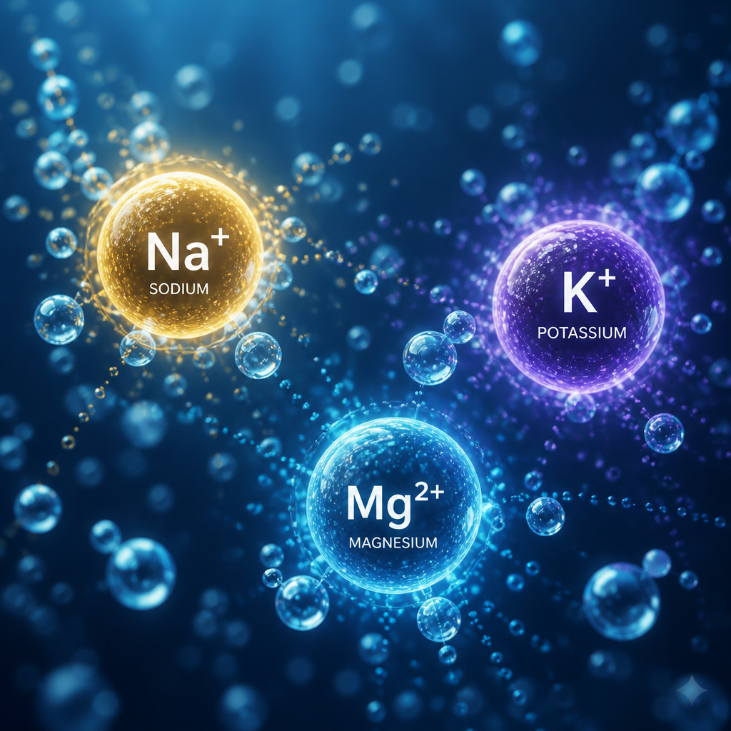 Abstract visualization of electrolyte mineral elements as glowing particles in liquid