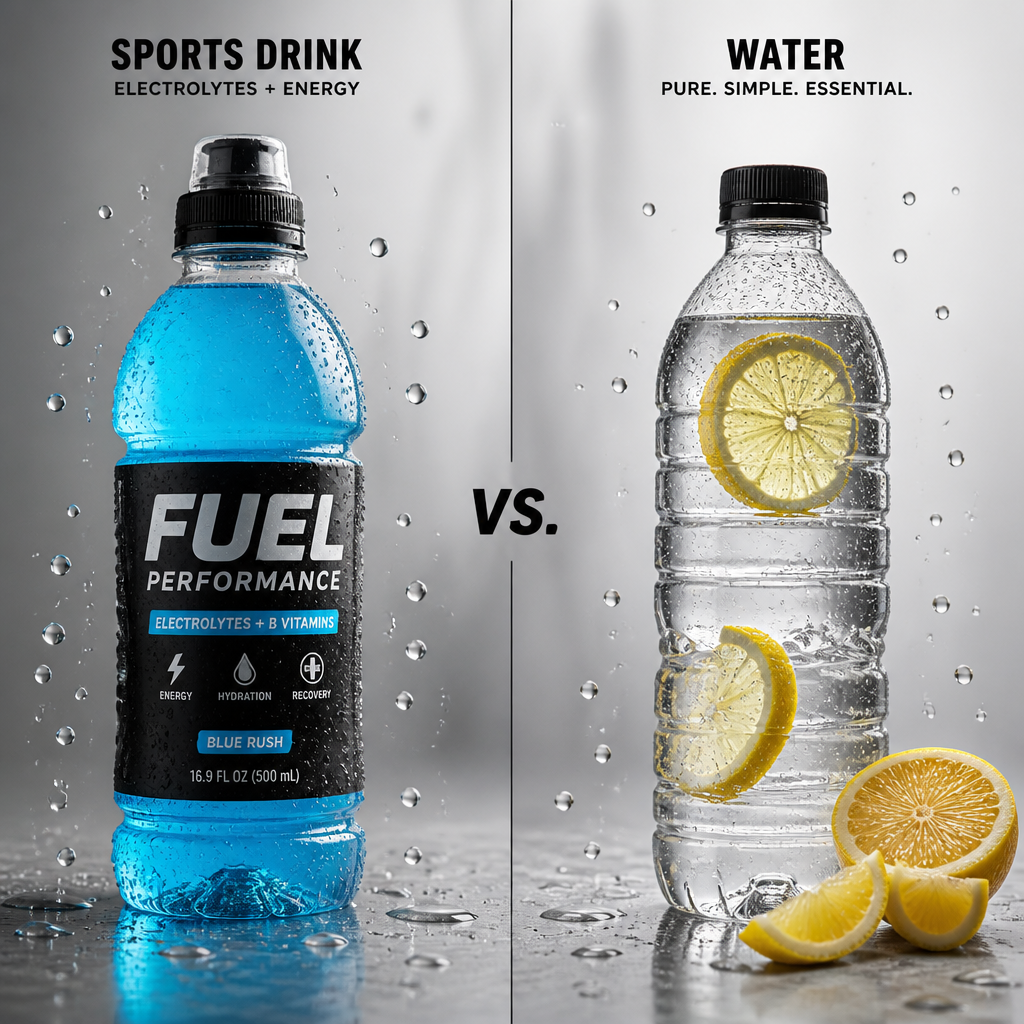 Side-by-side comparison of a sports drink bottle and a simple water bottle with lemon