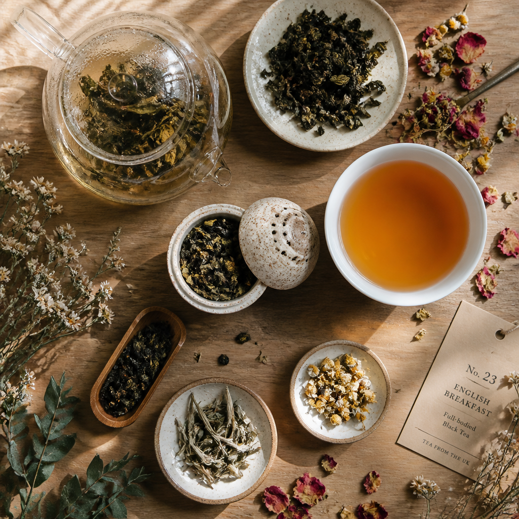 Overhead flat lay of loose leaf tea brewing setup with whole leaves, infuser, cup, and botanicals on wood surface