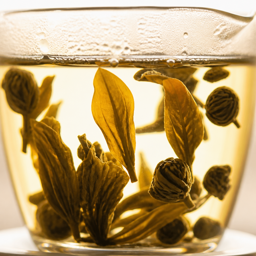 Macro close-up of whole tea leaves unfurling in hot water in a glass brewing vessel