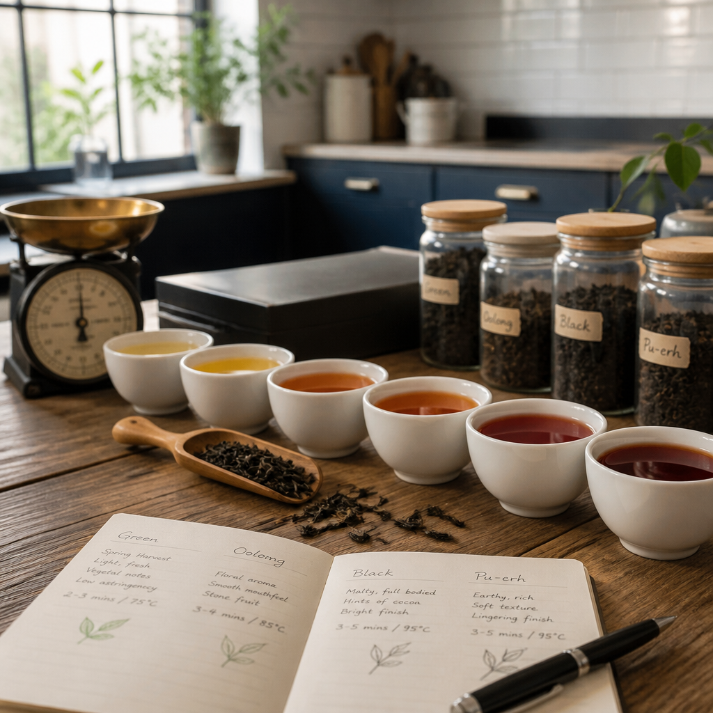 Curated tea tasting setup with multiple brewed teas in cups, loose leaves, and brewing equipment arranged on white surface