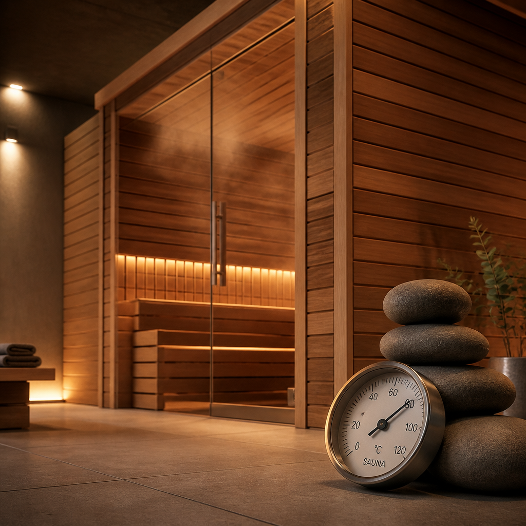 Interior de sauna finlandesa com termómetro e vapor quente