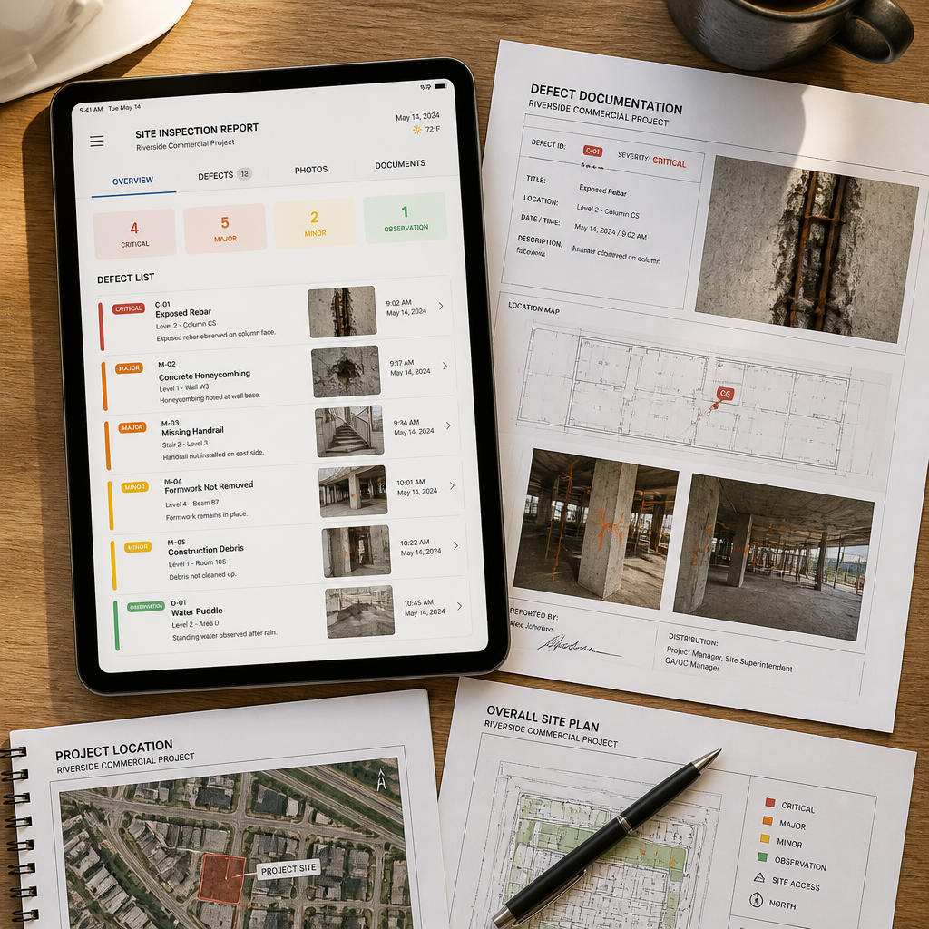 Construction defect report displayed on tablet with organized documentation and photographs