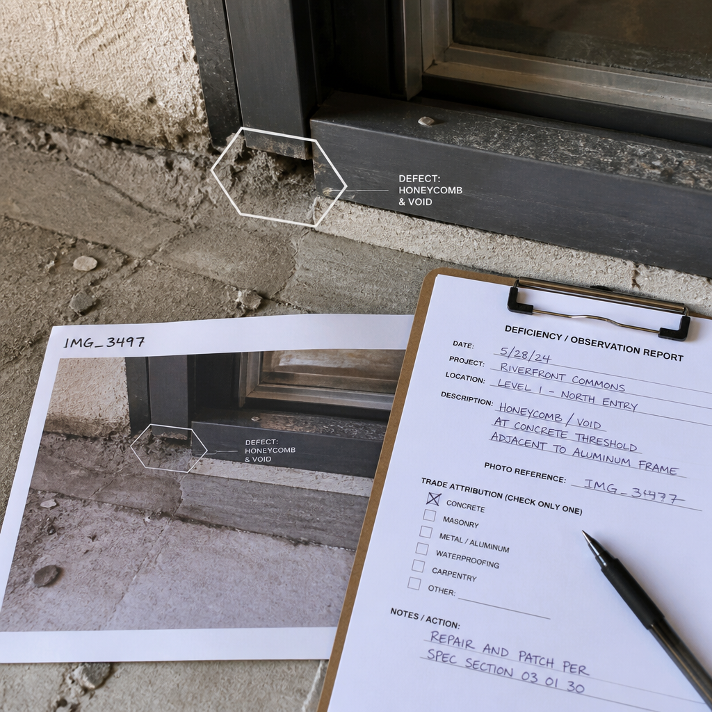Construction site defect with accompanying photo evidence and trade attribution documentation