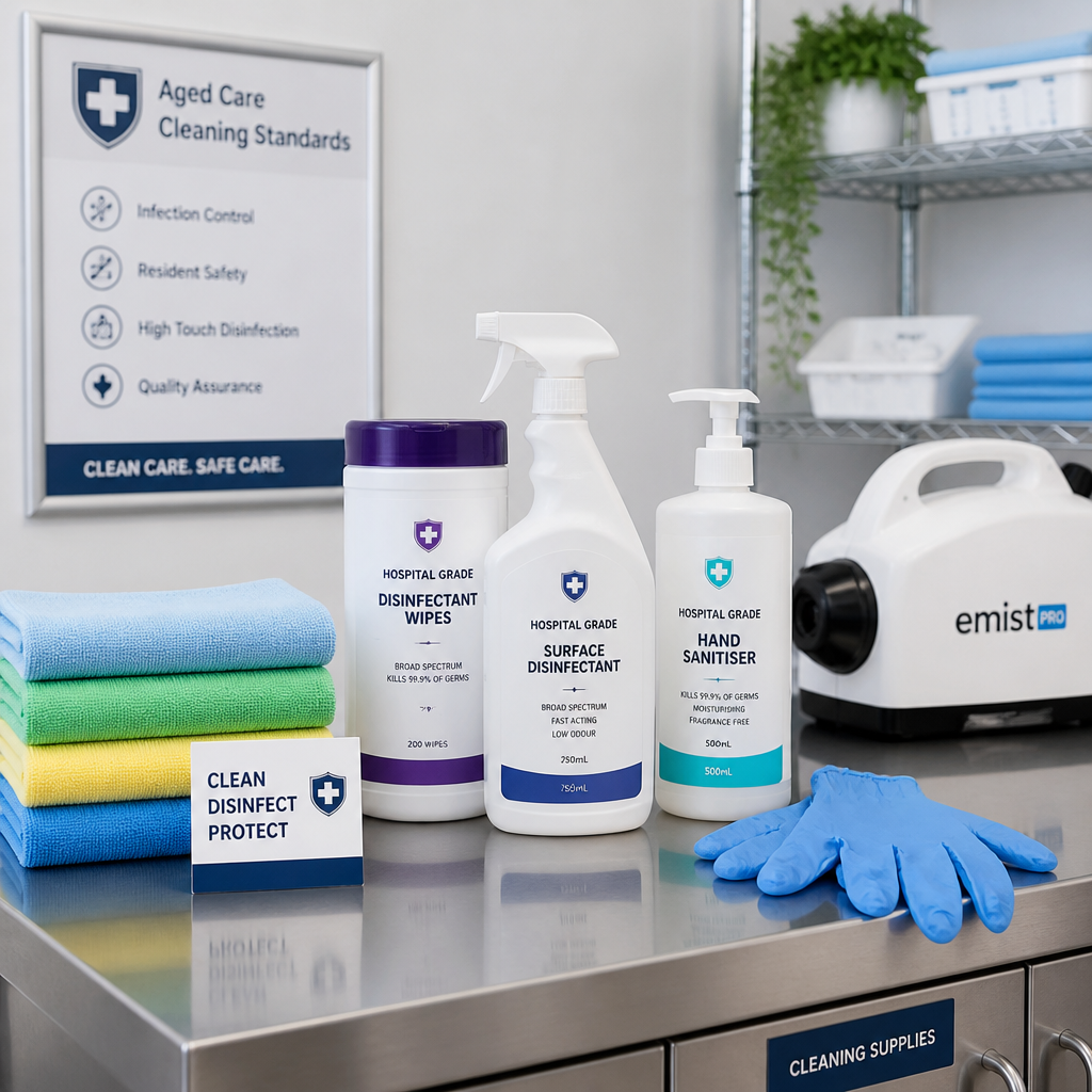 Aged Care Cleaning Melbourne: Why Getting It Right Matters Medical-grade cleaning supplies and disinfectant equipment for aged care cleaning in melbourne