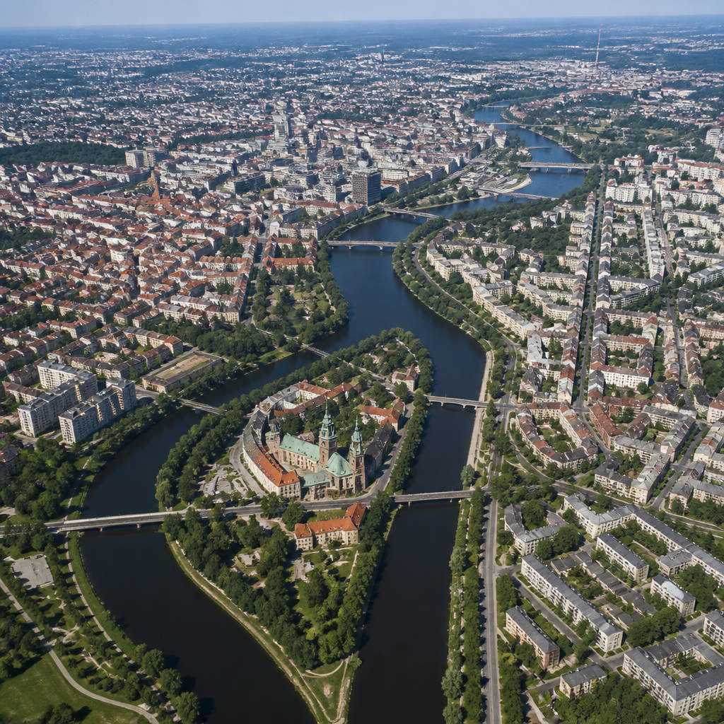Panoramiczny widok Poznania z góry pokazujący Ostrów Tumski, Wartę i strukturę miasta